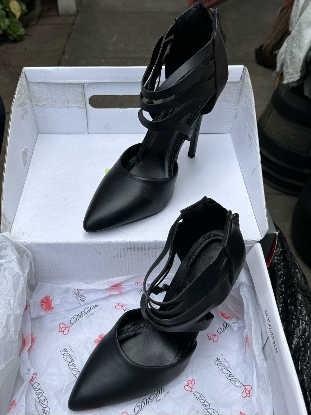 DbDk Fashion Black Pointed-Toe Multi-Strap Stiletto Heels